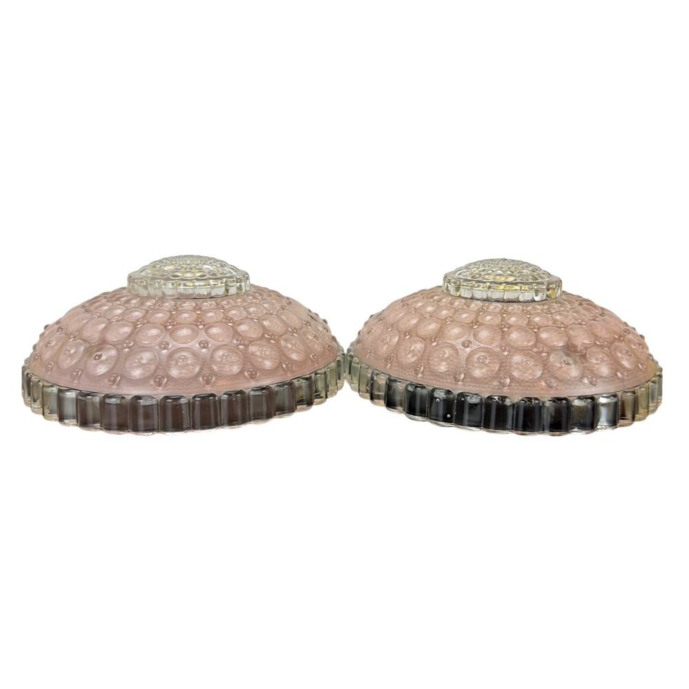 Vtg Pink Frosted Glass Hobnail Flush Mount Ceiling Light Shade Pair Art Deco
